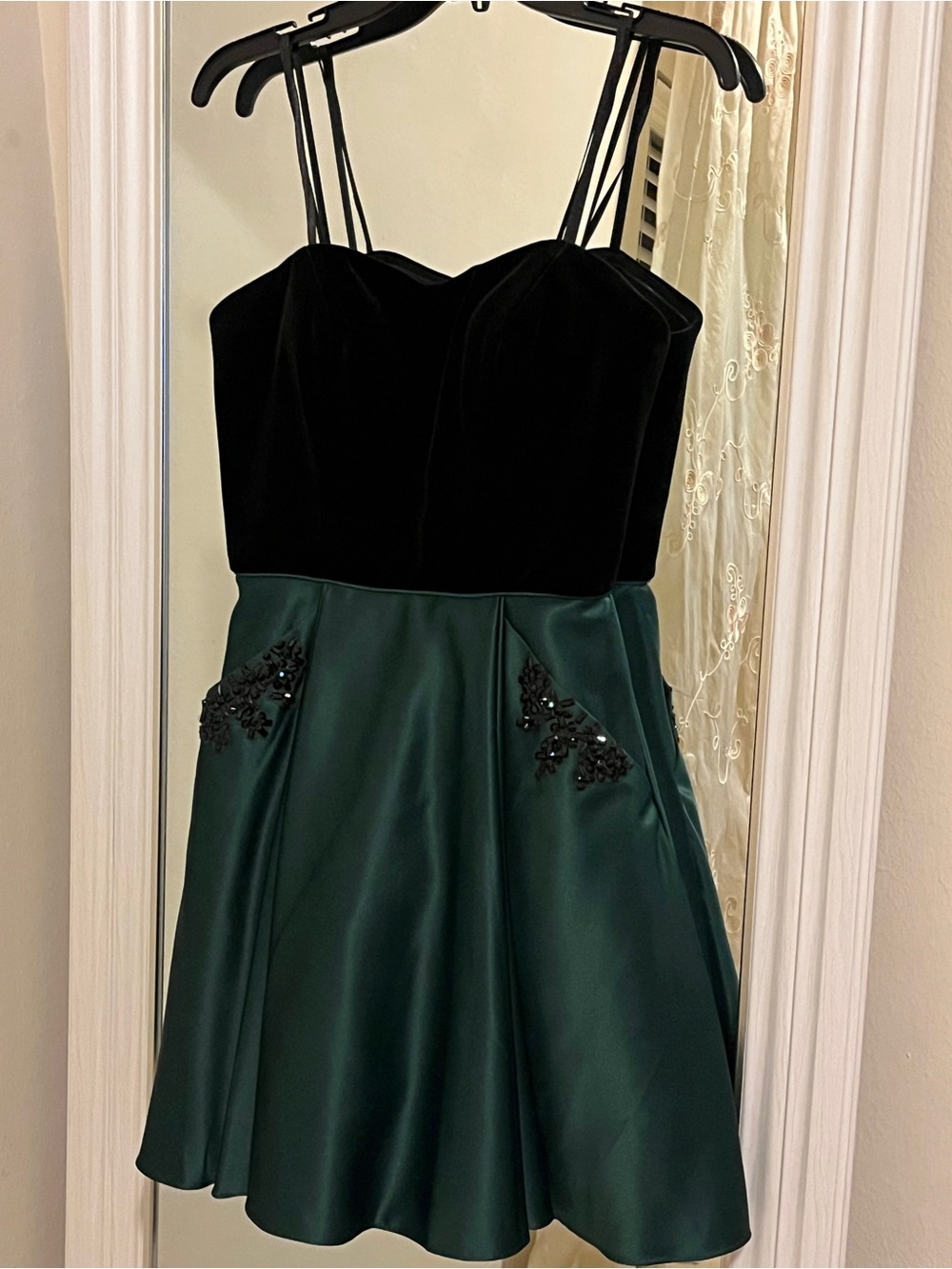 Macy's Black Velvet Bodice with Dark Green Satin Skirt Mini Dress